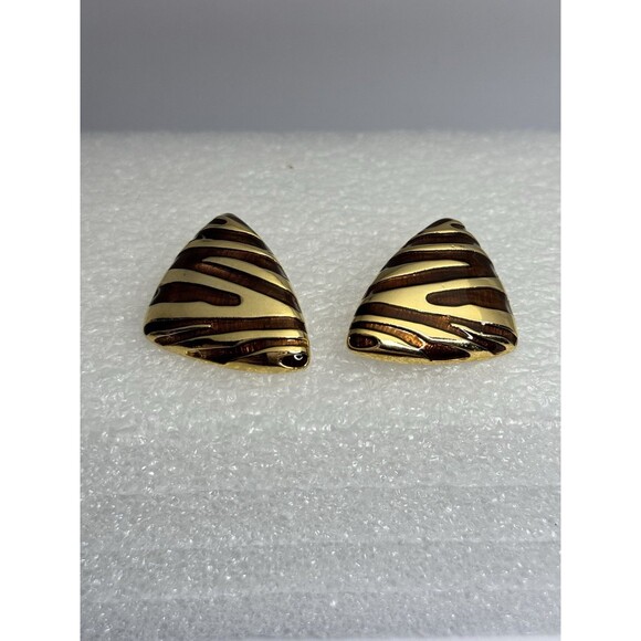 VINTAGE 80'S BROWN ENAMEL ANIMAL PRINT GOLDEN STATEMENT CLIP EARRINGS - Picture 4 of 4